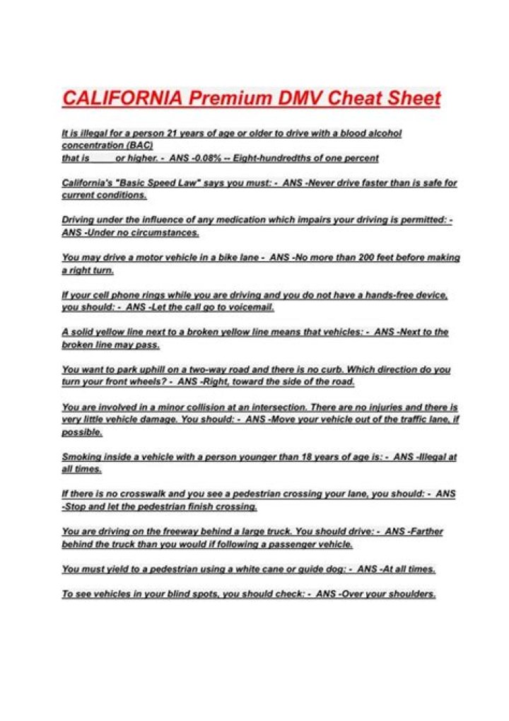 California Premium DMV Cheat Sheet PDF – Save Time & Pass Faster
