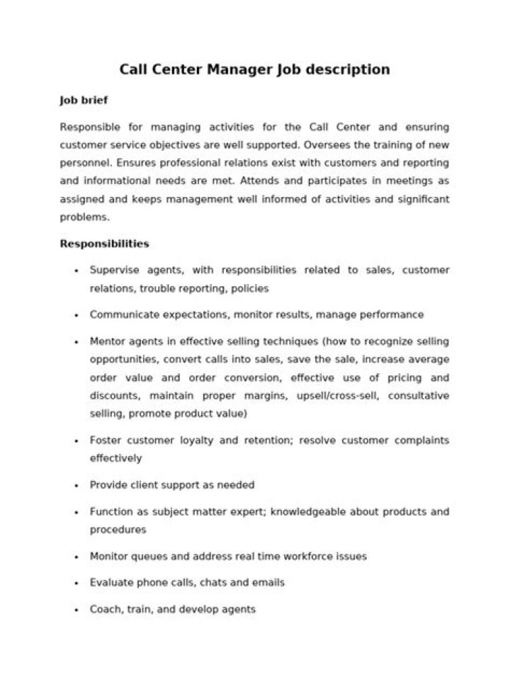 Call Center Manager Job Description PDF – Full Template