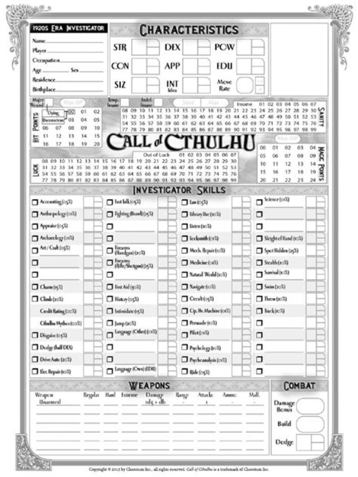 Call of Cthulhu 7th Edition Fillable Character Sheet PDF – Downloadable