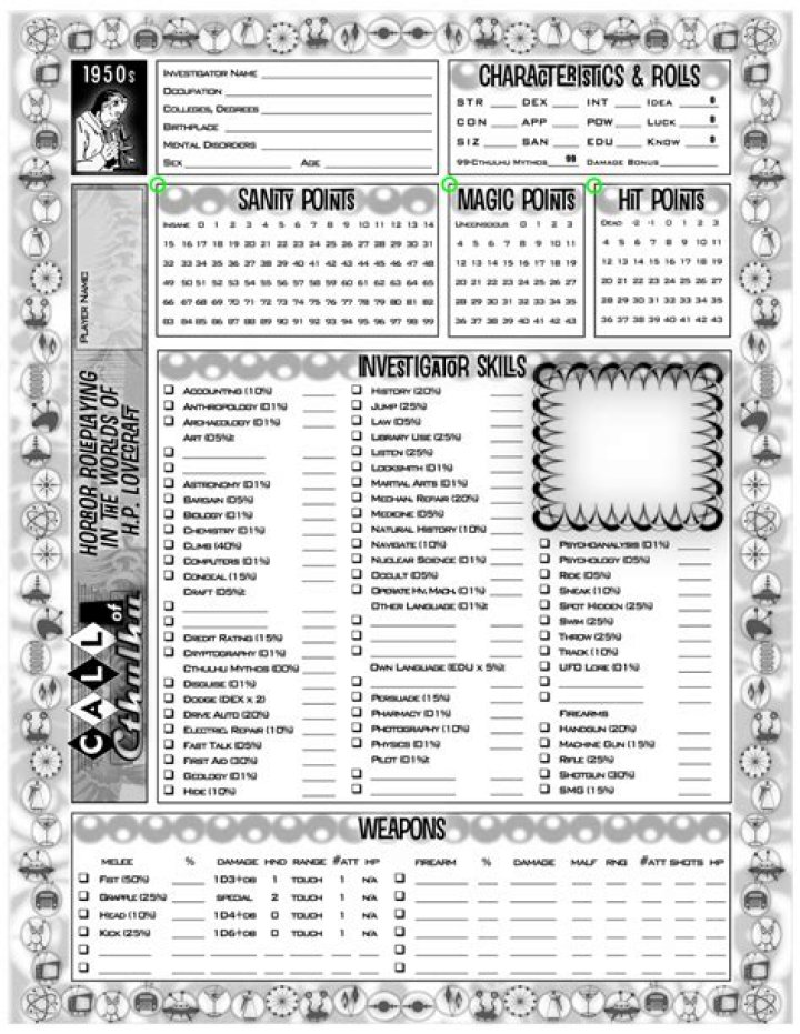 Call of Cthulhu Editable PDF Character Sheet for Fans