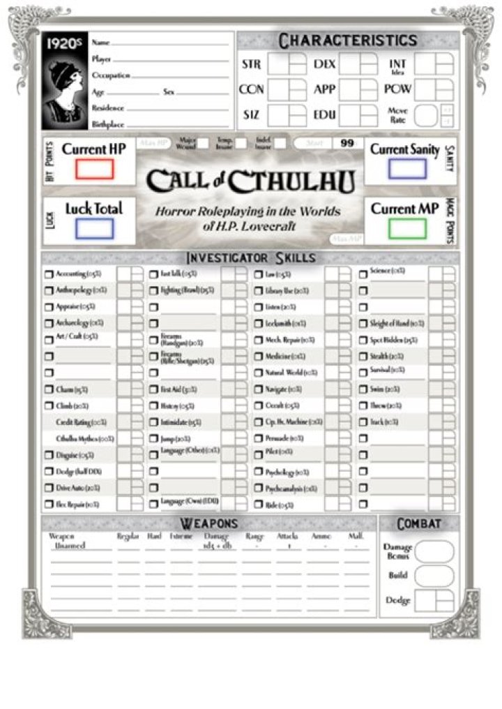 Download Free Call of Cthulhu Character Sheet Fillable PDF