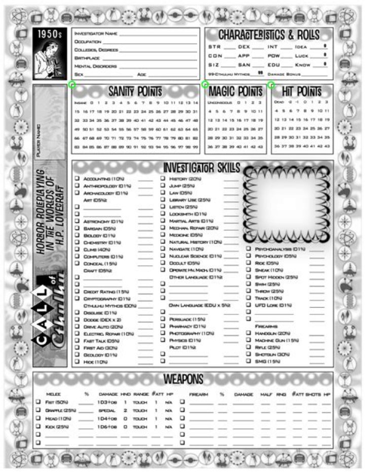 Call of Cthulhu Fillable PDF Character Sheet – Quick & Complete
