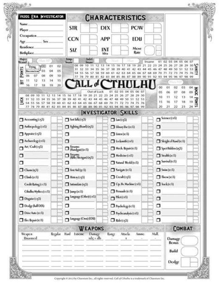 Call of Cthulhu PDF Character Sheet – Complete Player Reference