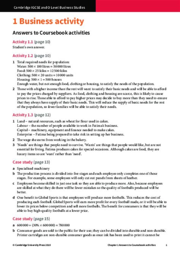 Cambridge IGCSE Business Studies Coursebook Answers PDF with Mark Schemes