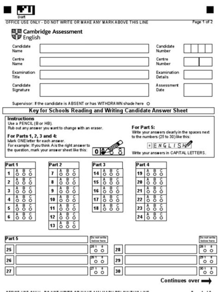 Cambridge KET Answer Sheet PDF: Official Marking Guide