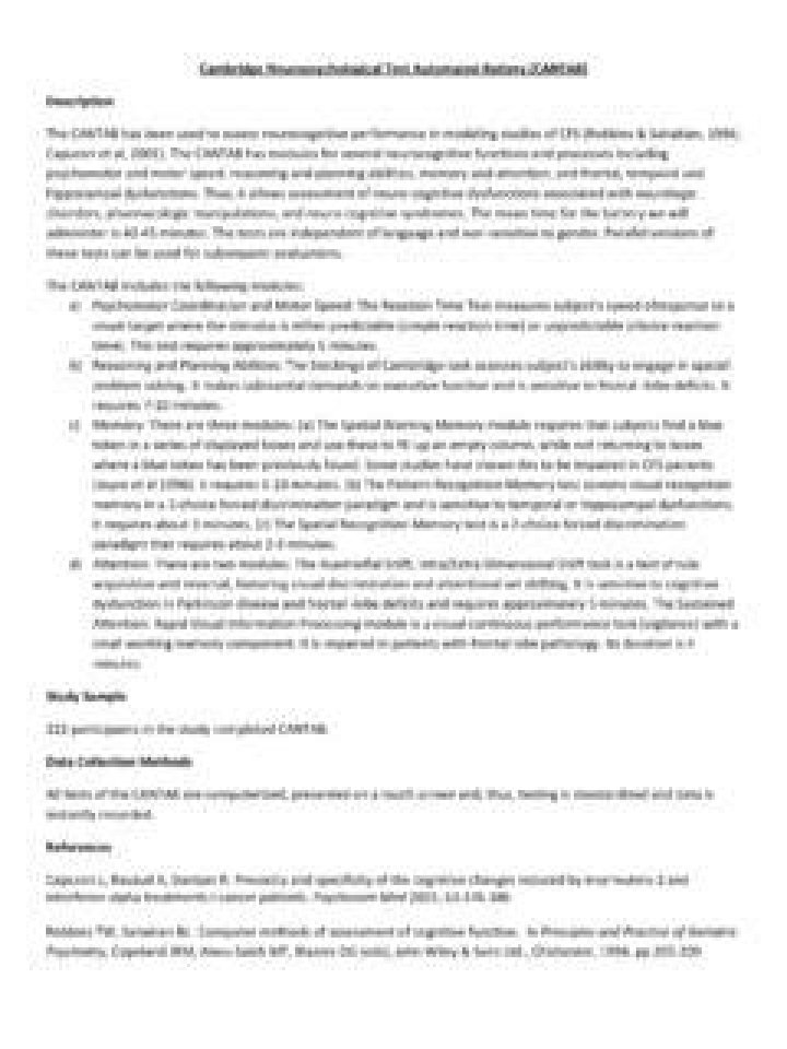Automated Cambridge Neuropsychological Test Battery PDF for Clinical Assessment