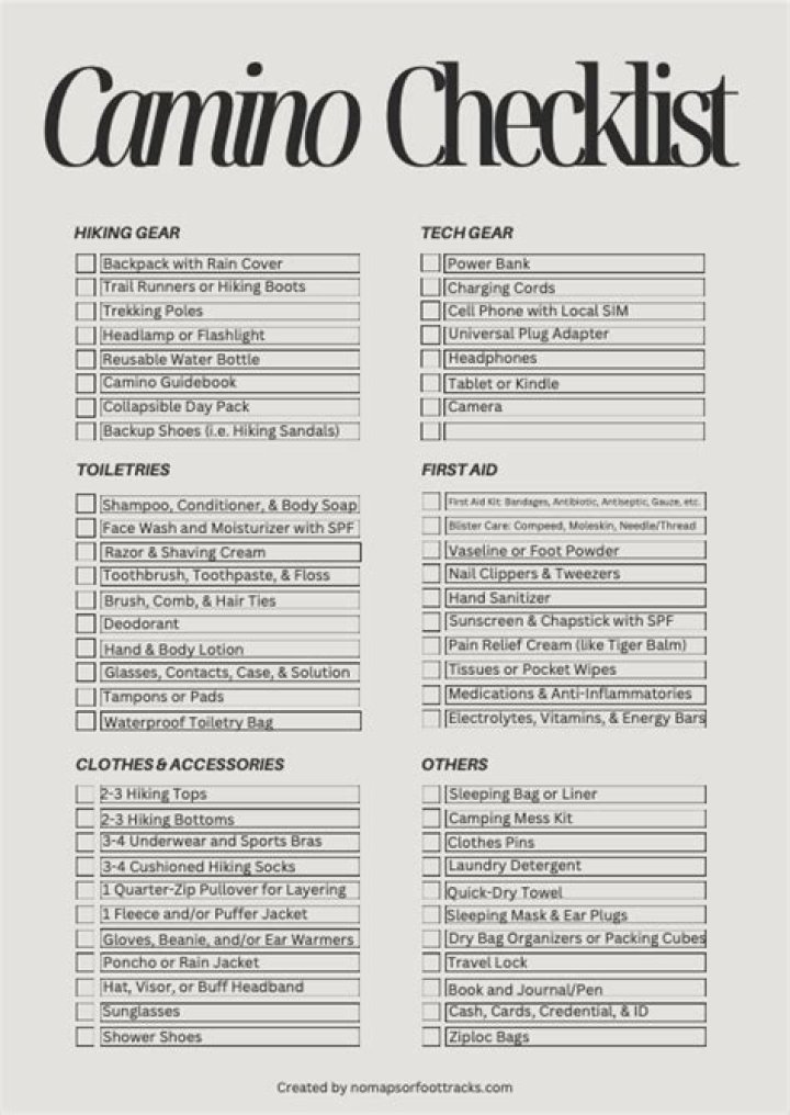 Camino Packing List PDF for Hiking & Travel