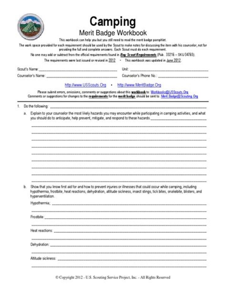 Camping Merit Badge Worksheet PDF – Free Download