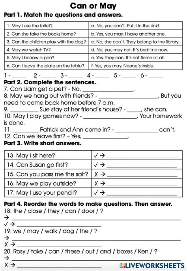 Free Can and May Worksheets PDF for English Learners