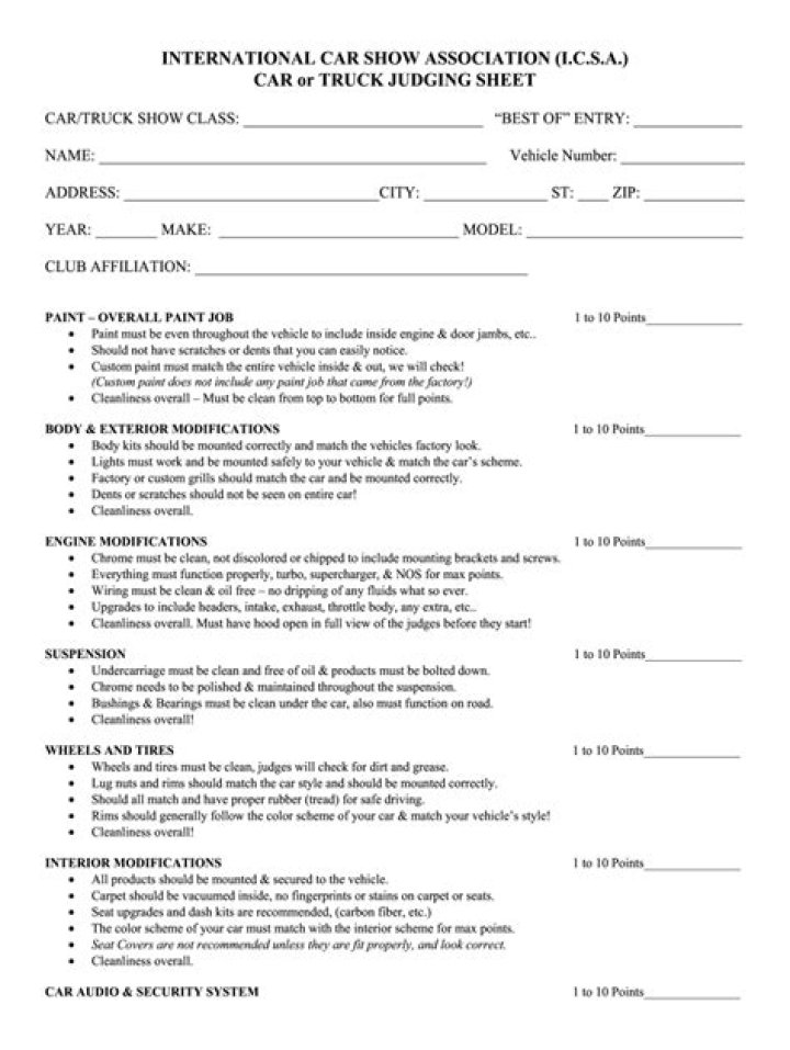 Download Car Show Judging Sheet PDF for Accurate Scoring