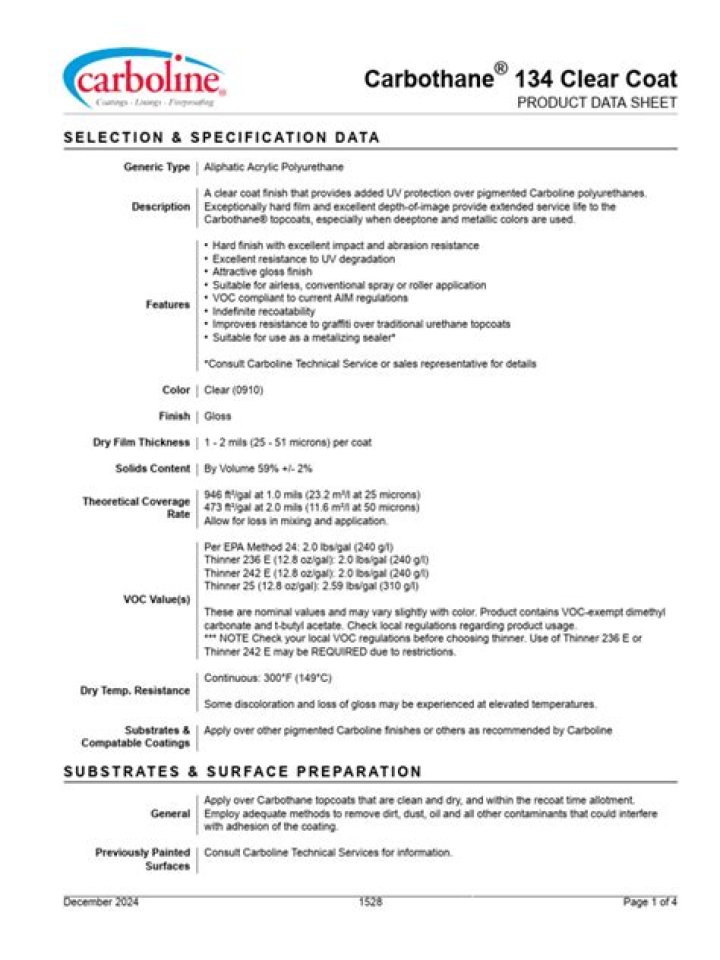Carcothane 134 Data Sheet PDF – Complete Technical Specs & Safety Info