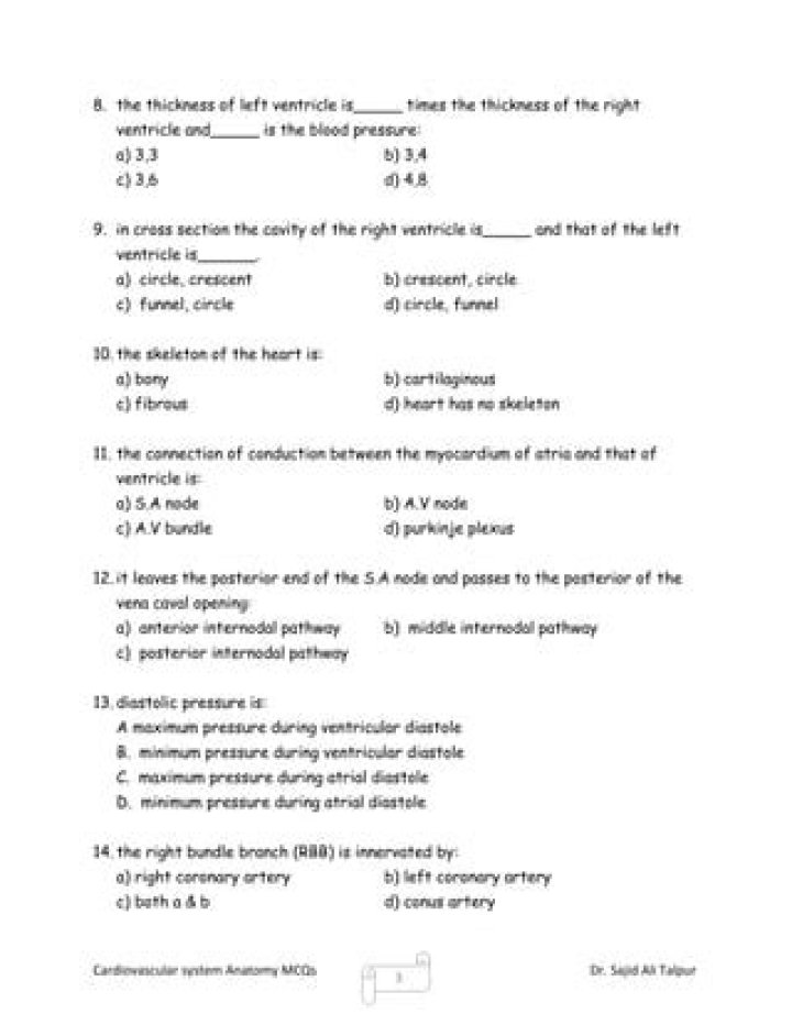 Cardiovascular System Anatomy MCQs with Answers PDF