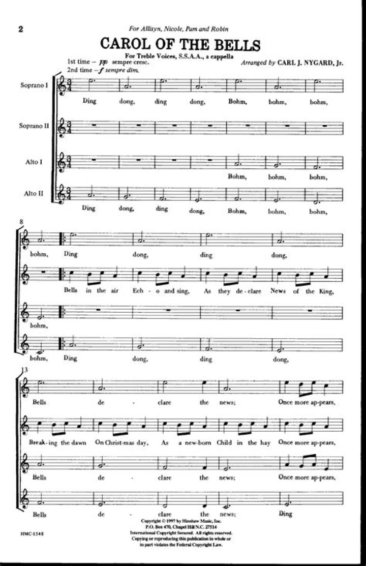 Carol of the Bells Sheet Music PDF for Choir – Easy Choir Arrangement