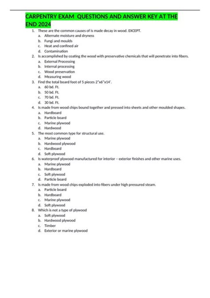 Carpentry Test Questions & Answers PDF for Passing Success