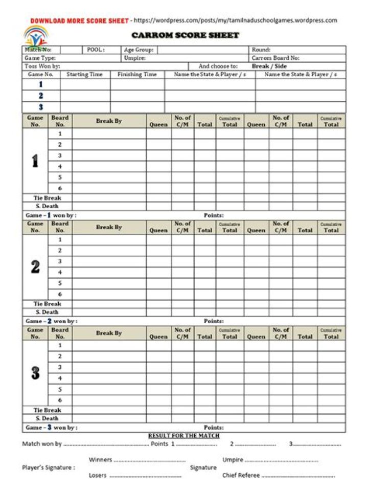 Carrom Score Sheet PDF: Download Free Game Score Template