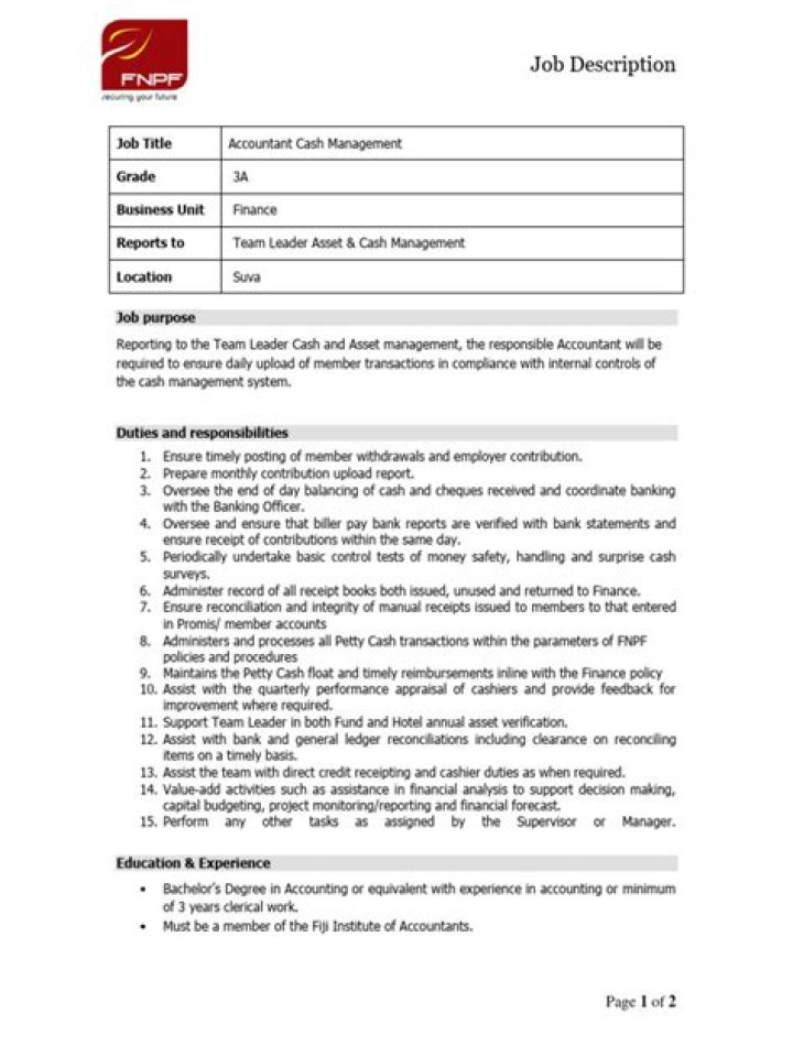 Cash Management Job Description PDF – Get Started Today