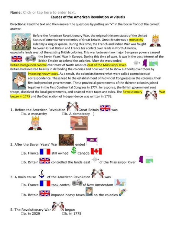 Causes of the American Revolution Worksheet PDF for Students