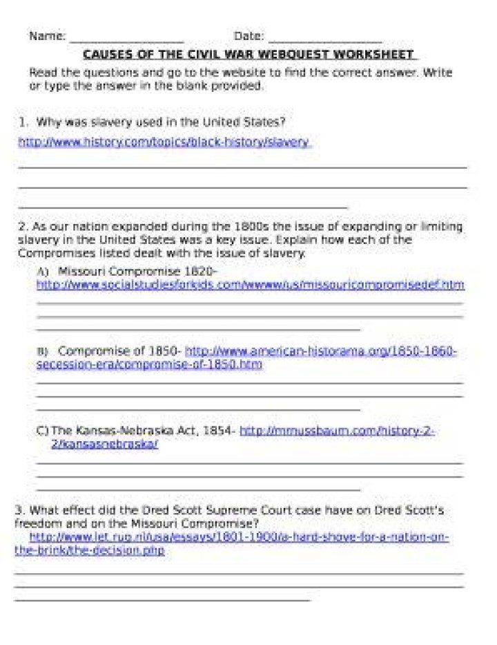 Causes of the Civil War WebQuest Answer Key PDF – Study Guide