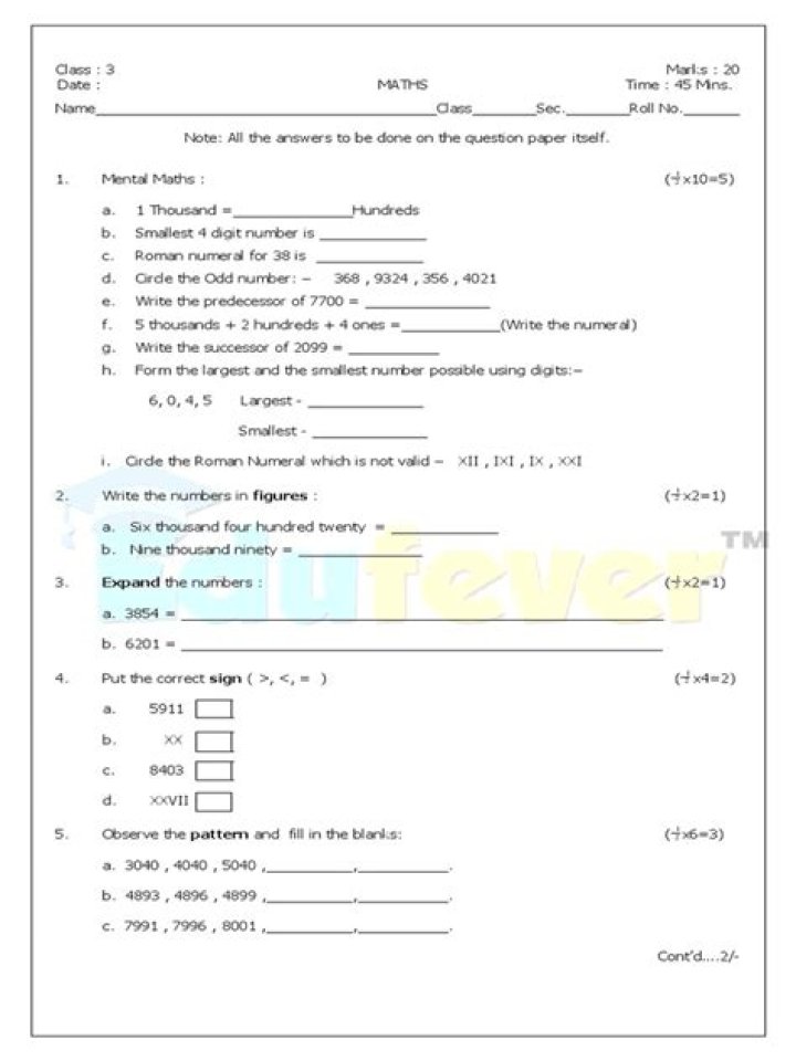 CBSE Class 3 Maths Question Paper PDF for Free Download
