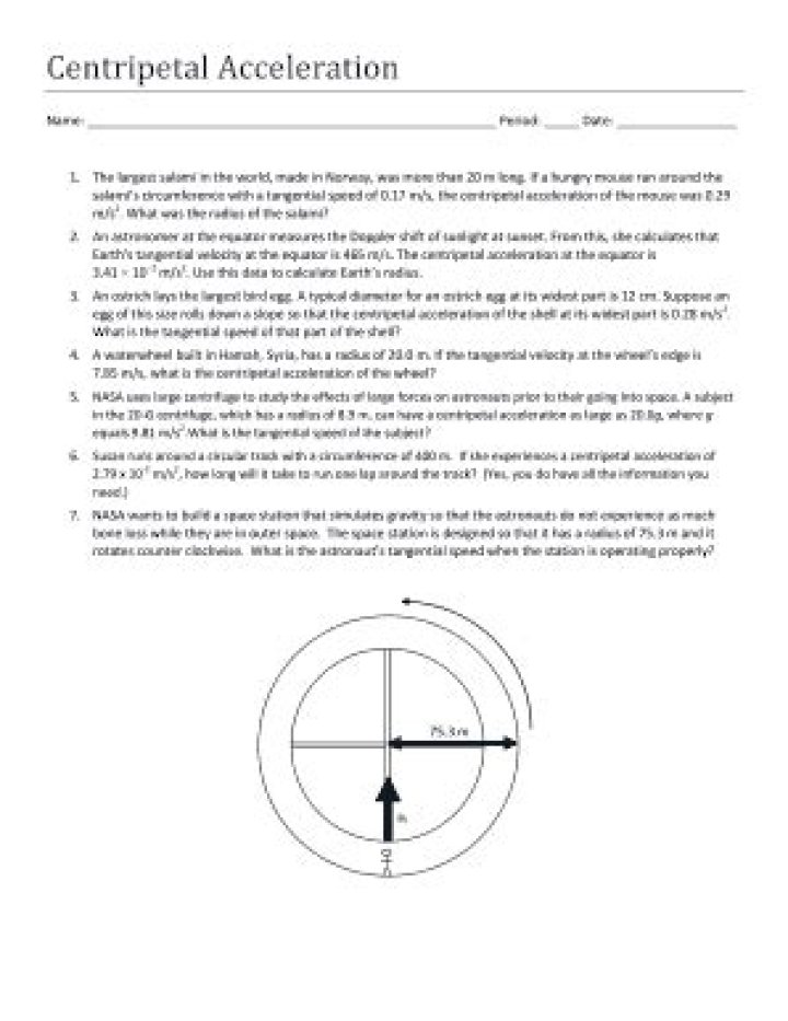 Centripetal Acceleration Worksheet PDF for Students