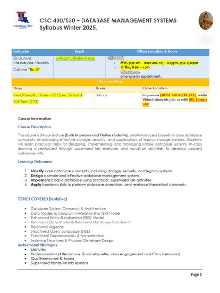 CGS 2541 Database Management Syllabus PDF for Academic Success