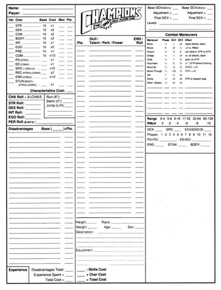 Champions 6th Edition Character Sheet PDF – Ready-to-Print Game Sheets