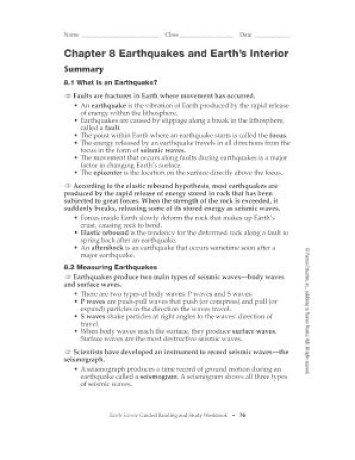 Chapter 8: Earthquakes and Earth's Interior Answer Key PDF
