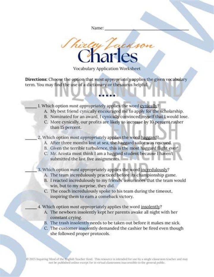 Charles'' Story Worksheets by Shirley Jackson for Study & Analysis