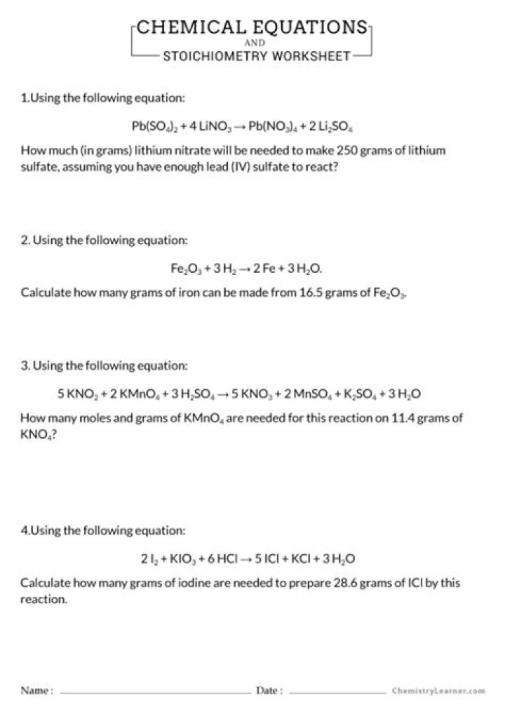 Chemical Equations & Stoichiometry Worksheet Answers PDF with Step-by-Step Solutions