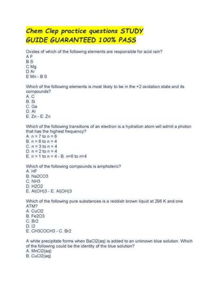 Chemistry CLEP Practice Test PDF for Free Download