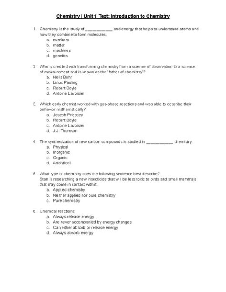 Chemistry Unit 1 Test PDF – Practice Exam & Answers