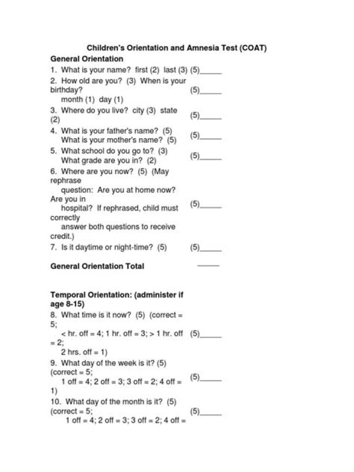 Children's Orientation & Amnesia Test PDF: Accurate Assessment Tool