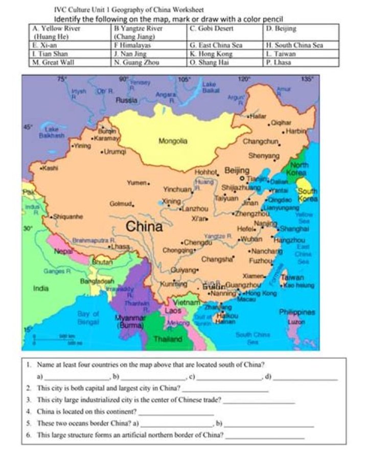 China Map Worksheet PDF for Students and Teachers