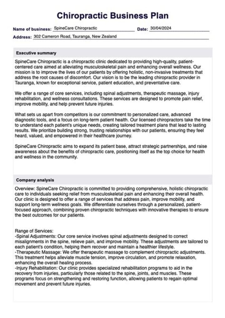 Free Chiropractic Business Plan Sample PDF for Startup Success