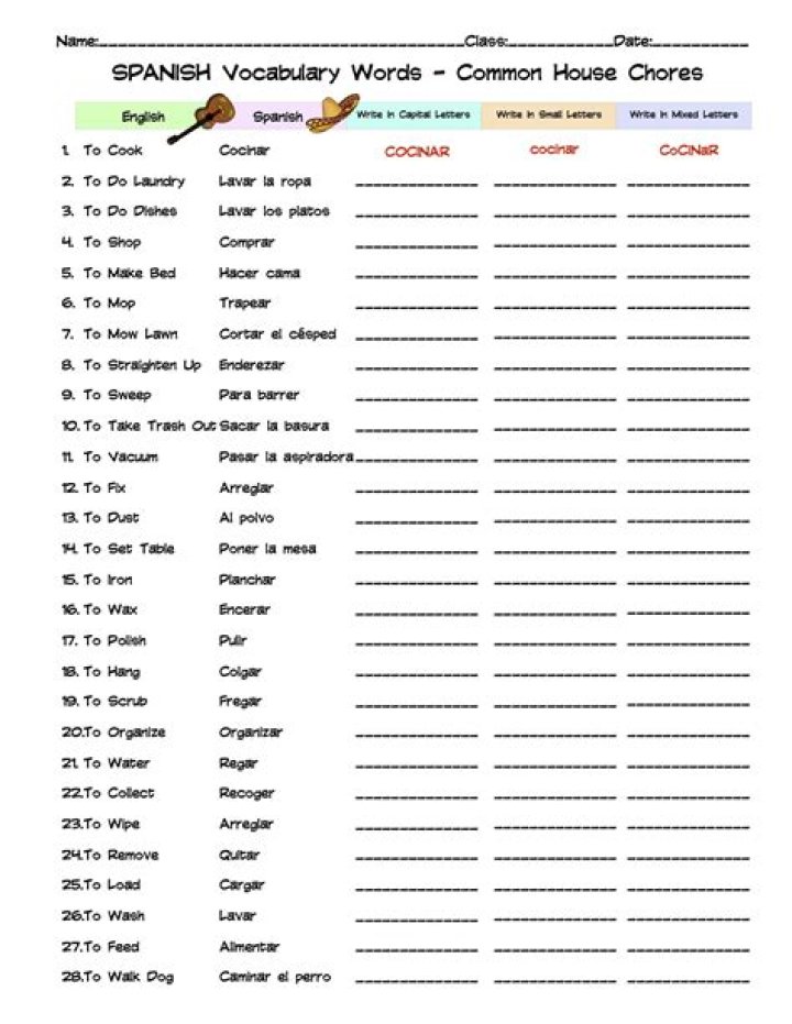 Chores en Español Worksheet PDF – Free Printable Household Tasks Worksheet