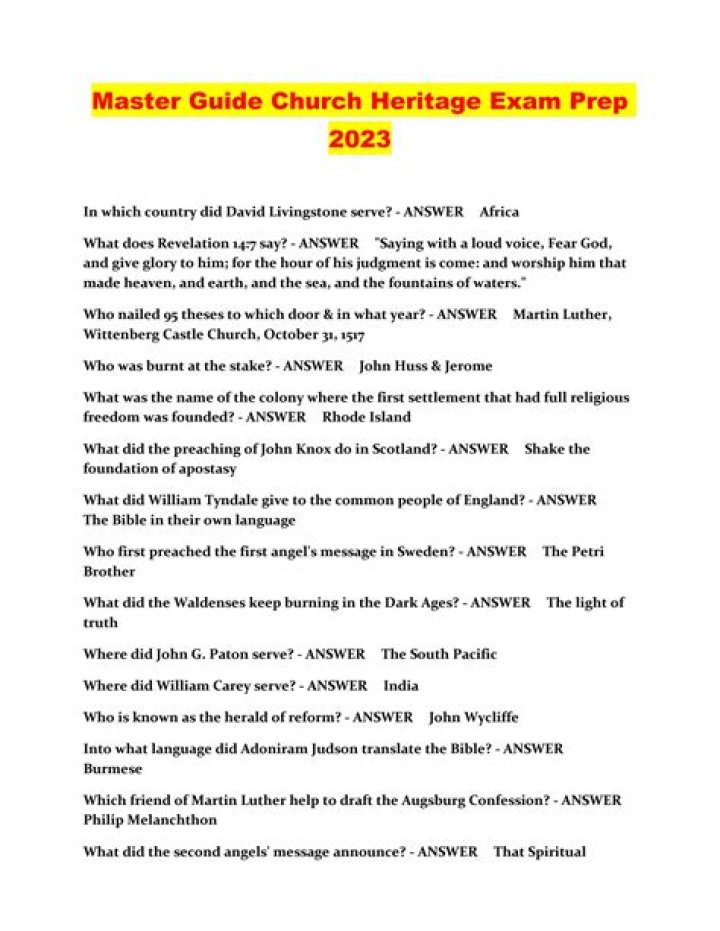 Church Heritage Exam Questions and Answers PDF Download