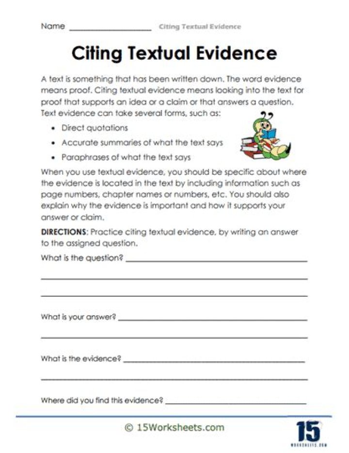 5th Grade Citing Textual Evidence Worksheet PDF for Classroom Use
