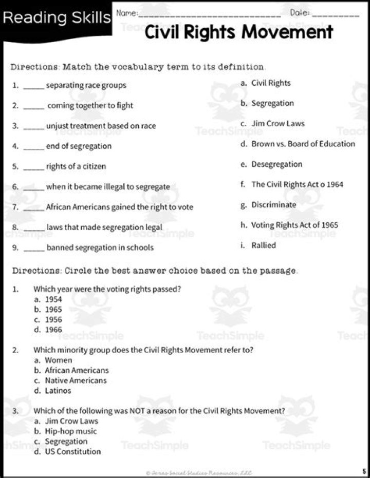 Civil Rights Reading Comprehension Worksheets PDF – Free Printable