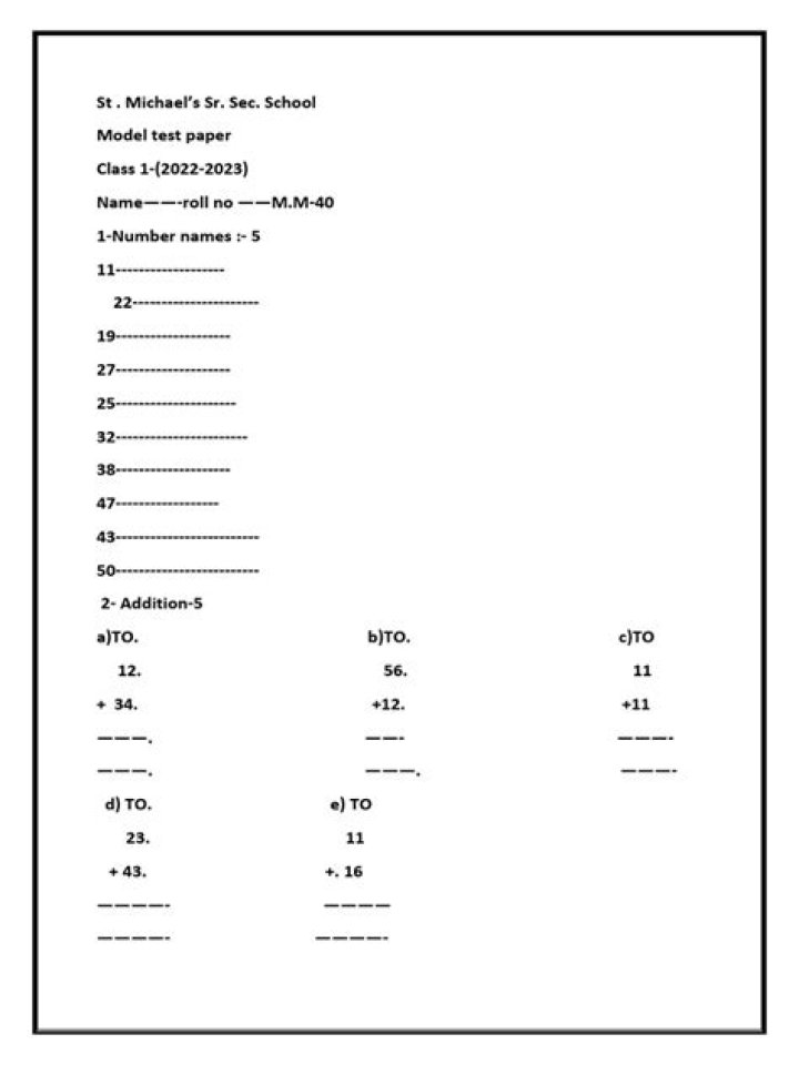 Class 1 Entrance Test Sample Papers PDF – Free Download