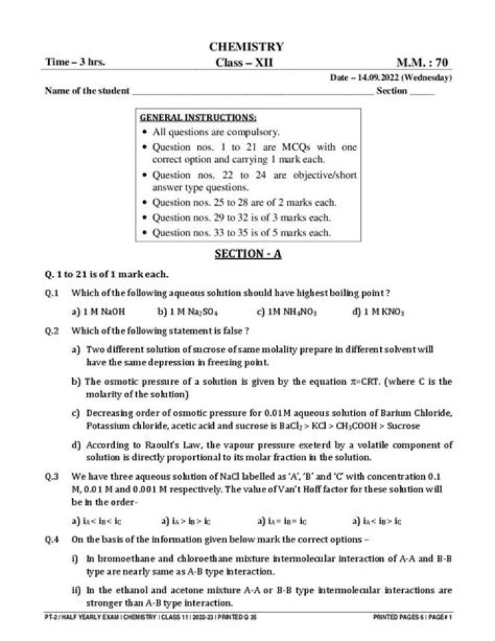 Class 11 Chemistry Question Paper 2019 PDF – Download Exam Solved Papers