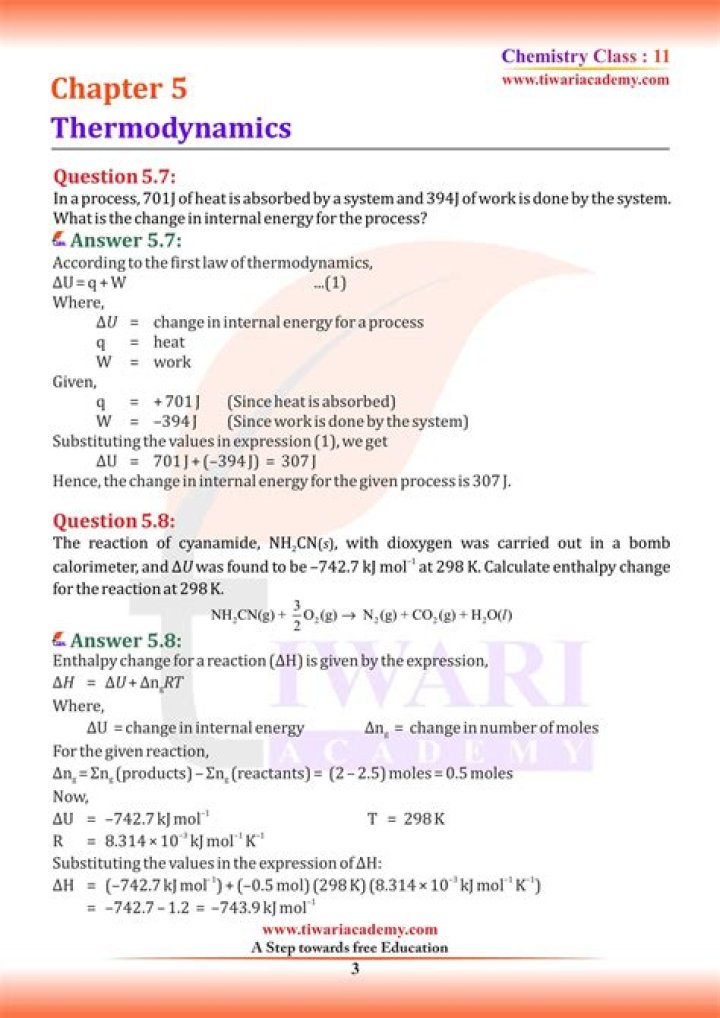 Class 11 Chemistry Thermodynamics: Questions & Answers PDF