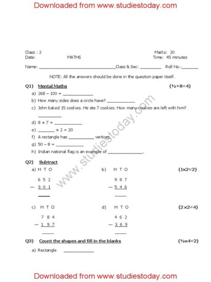 Class 2 Maths Question Paper PDF Download