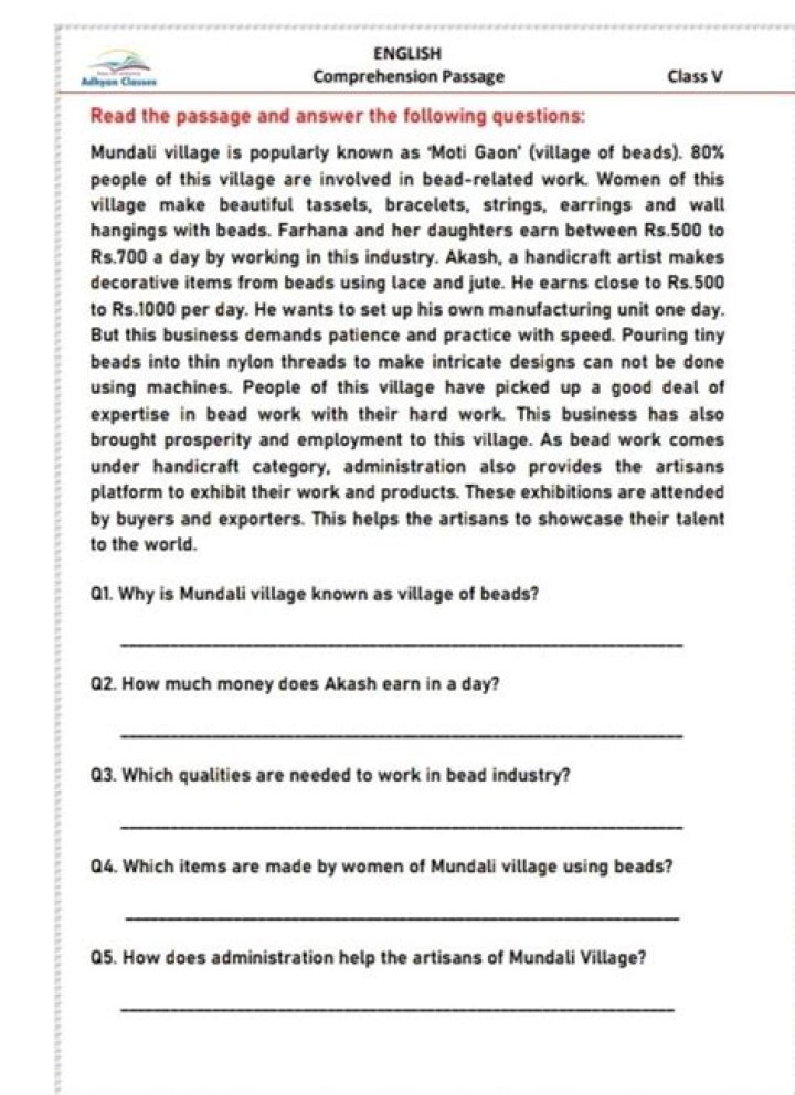 Class 5 Comprehension Worksheet PDF – Instant Download