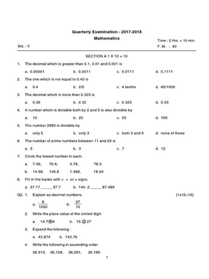 Class 5 Maths Question Paper PDF 2018 – Free Download