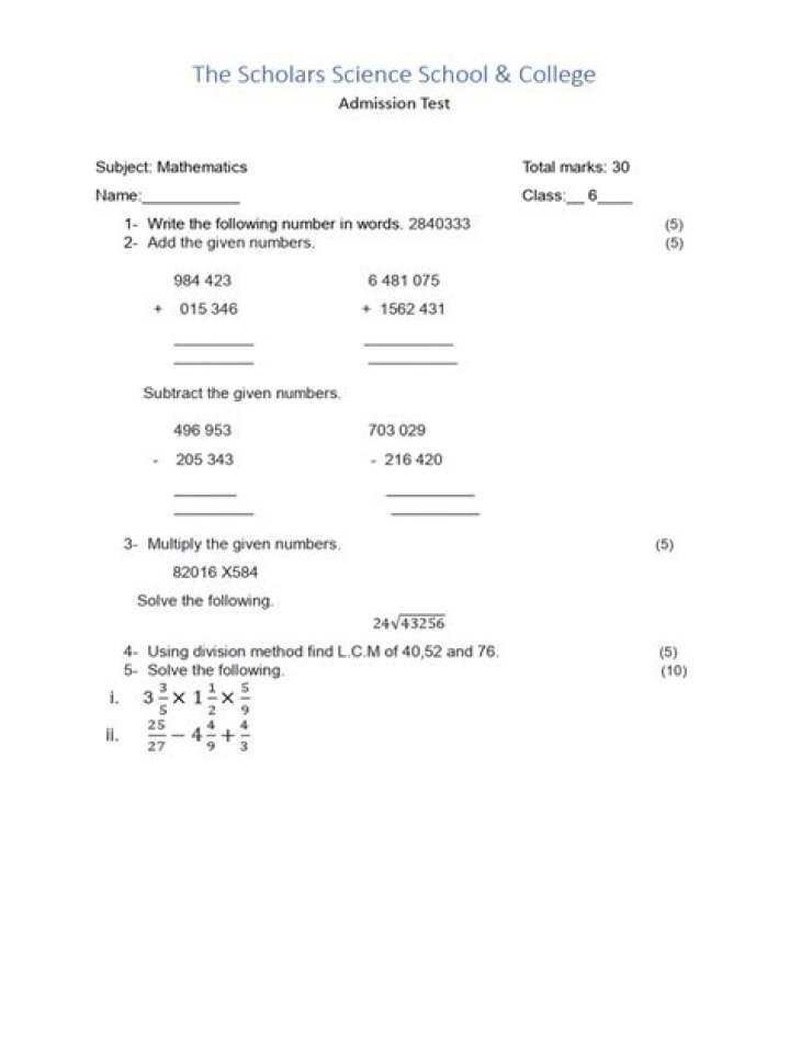 Class 6 Admission Test Questions PDF – Download Free Practice Papers