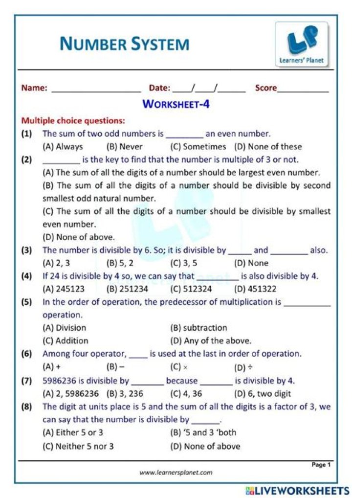 Class 6 Number System Worksheet PDF – Free Download & Practice