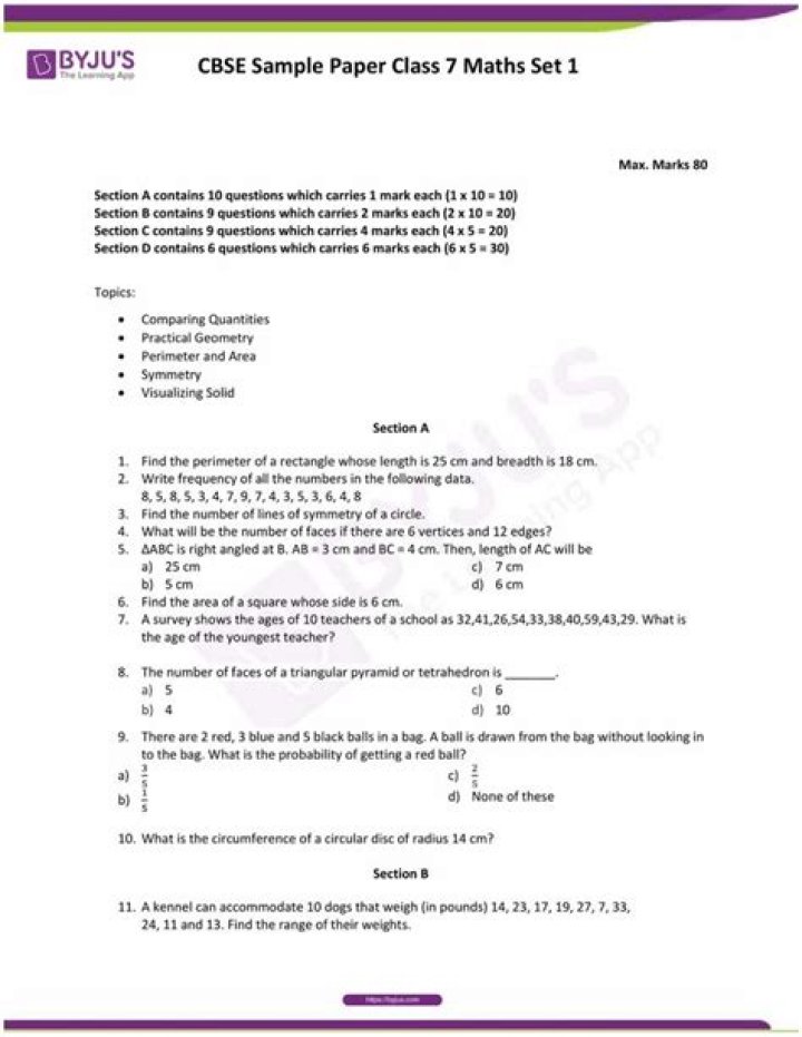 Class 7 Maths Question Paper PDF Download – Free Practice Tests