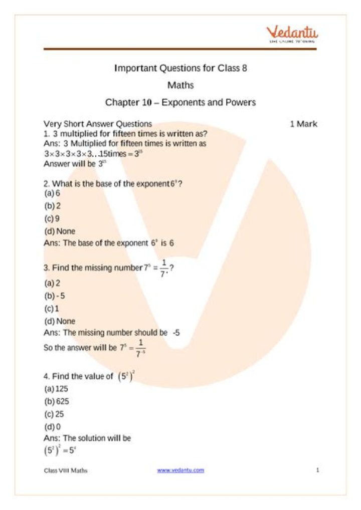 Class 8 Exponents and Powers Worksheet PDF for Practice