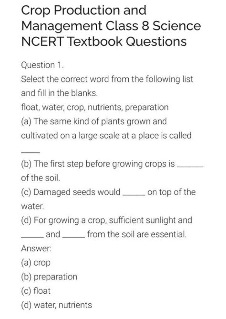 Class 8 Science: Crop Production & Management Study Notes PDF