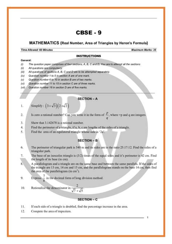 Class 9 Maths Chapter 1 Test Paper PDF – Download Free Practice Test